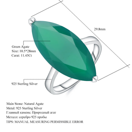 Anillo de ágata verde con piedra preciosa marquesa, anillo de plata de ley S925 de primera calidad con incrustaciones de piedra de color natural