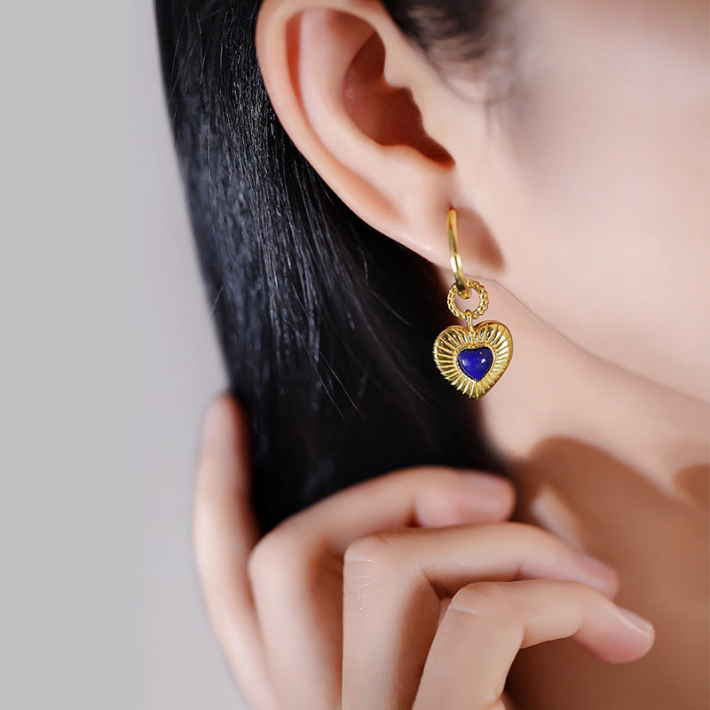 Boucles d'oreilles à boucle en T, plaqué argent S925, incrusté de lapis-lazuli, amour