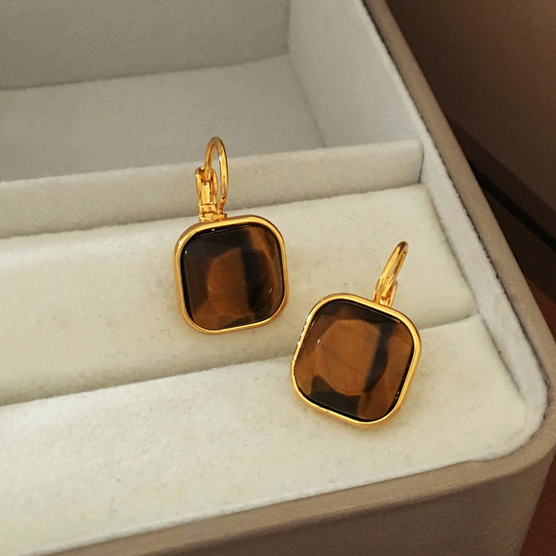 [DF]Copper plated real gold vintage Hong Kong style simple geometric square tiger's eye earrings, high-end sense of niche design earrings