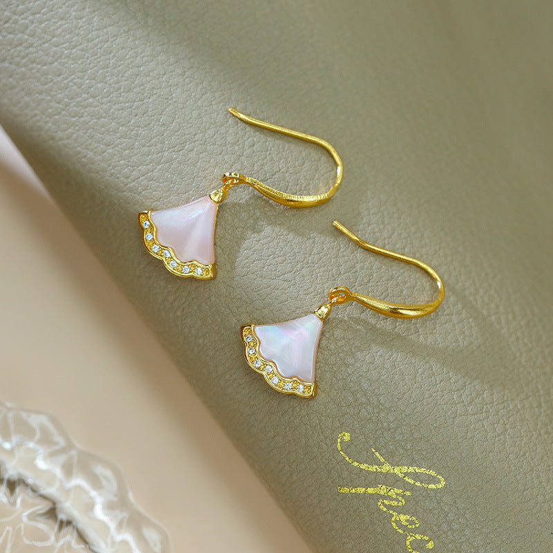 S925 Silver Plated Gold Inlaid Gold Shell Powder Bell Ear Hook Earrings Exquisite Fan Shaped