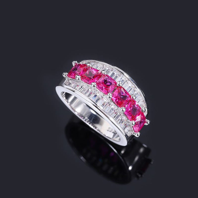 S925 silver imitation Ruby full diamond set ring closed retro ring 4*4