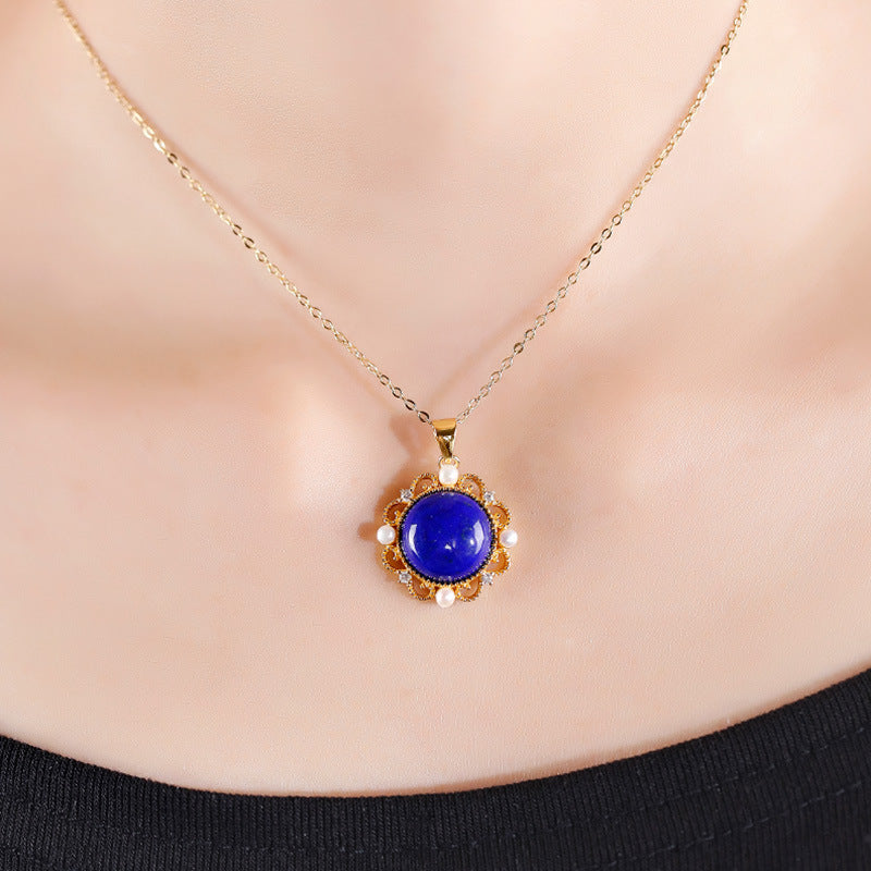 Collier de nouilles aux œufs en lapis-lazuli incrusté d'argent 925, avec collier de tournesol évidé de perles