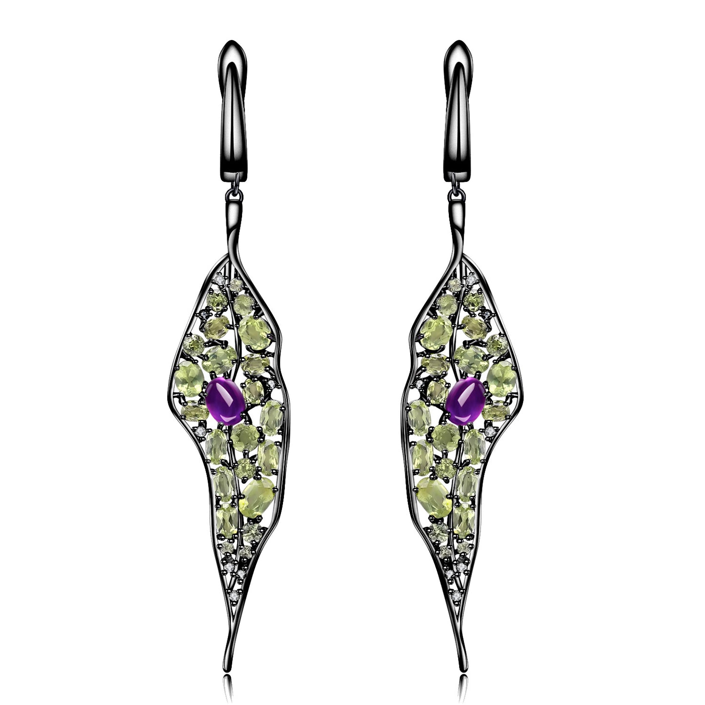 Boucles d'oreilles en pierre de couleur naturelle en argent S925, Design de feuille de vent naturel