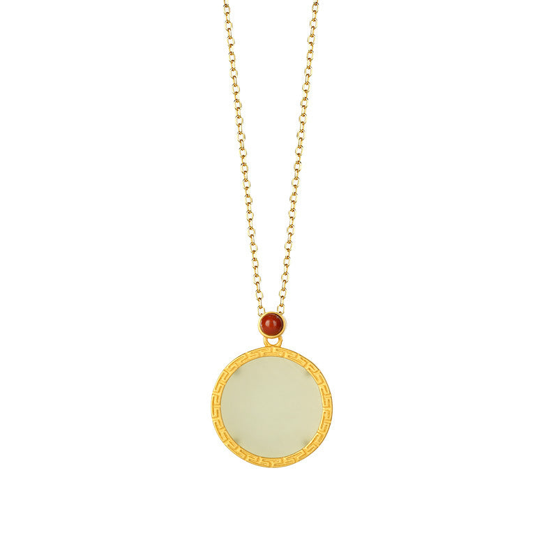 S925 Silver Gilded Gold Inlaid Small South Red and Tian Qingyu Round Plate Simple Pendant Chain