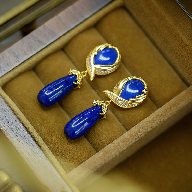 S925 silver inlaid lapis lazuli earrings and earrings