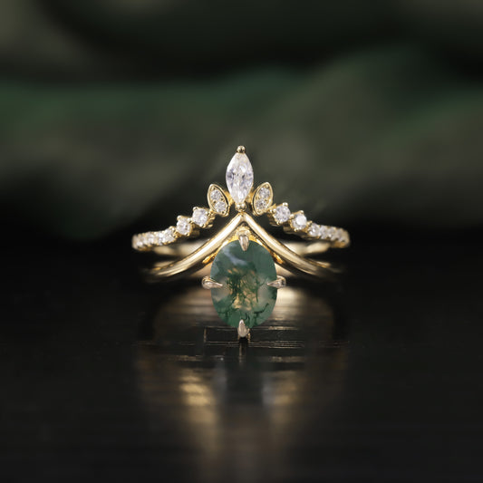 Bague en agate aquatique naturelle en argent sterling S925, pierre précieuse de mousse verte, ensemble d'anneaux empilés en V