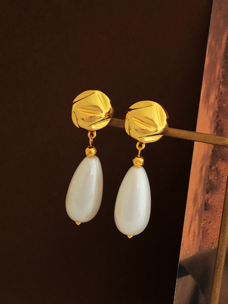 [DF]Copper plated gold S925 silver needle fashion baroque earrings simple retro drop pearl earrings earrings