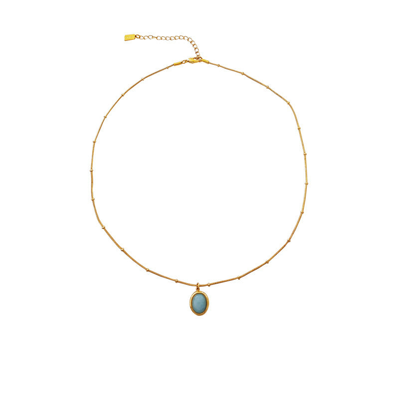 [DF] Collier pendentif ovale simple japonais et coréen plaqué or véritable petit collier bleu frais net célébrité ins chaîne de clavicule vent