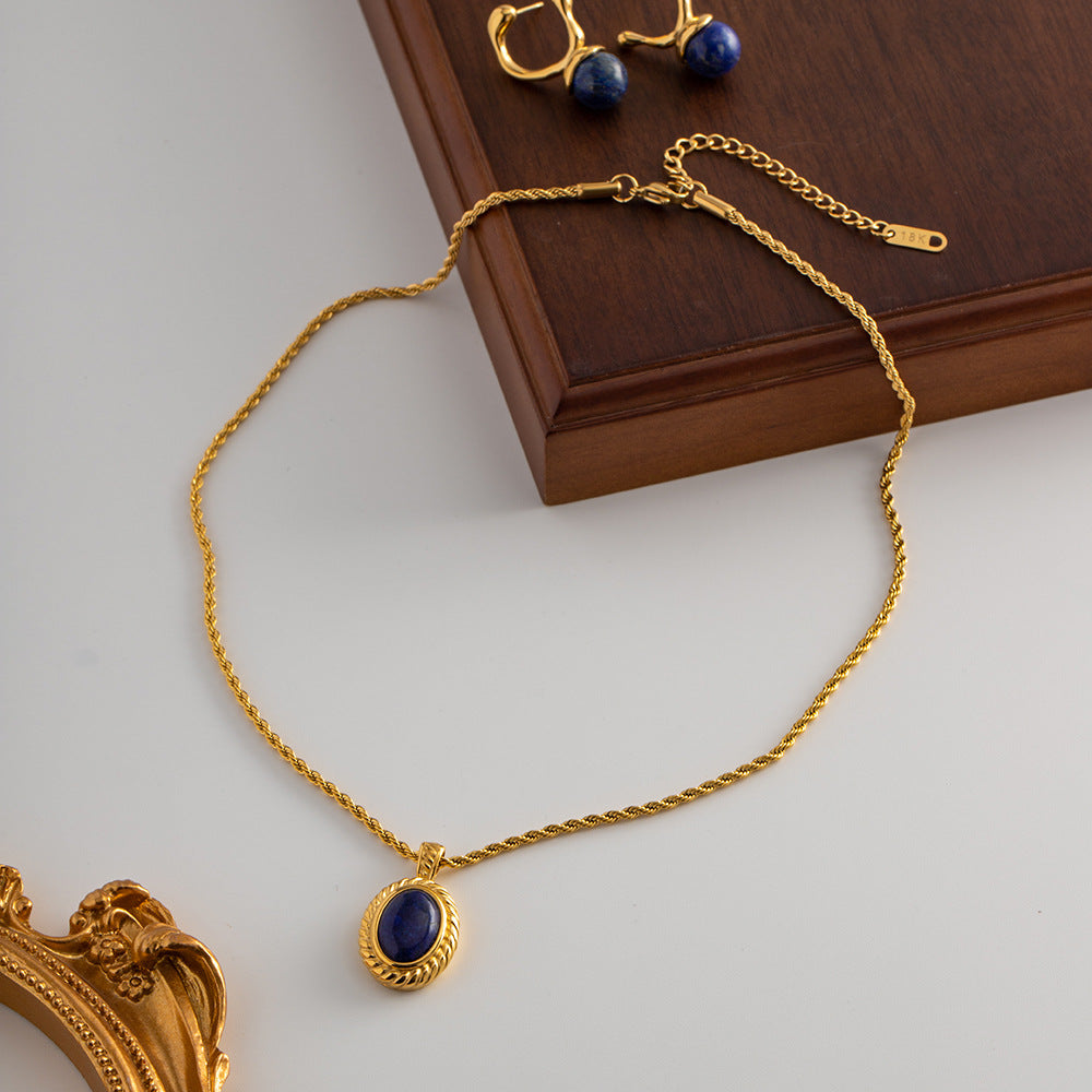 Retro antique fashion personality necklace 18K stainless steel thread inlaid lapis lazuli oval pendant necklace