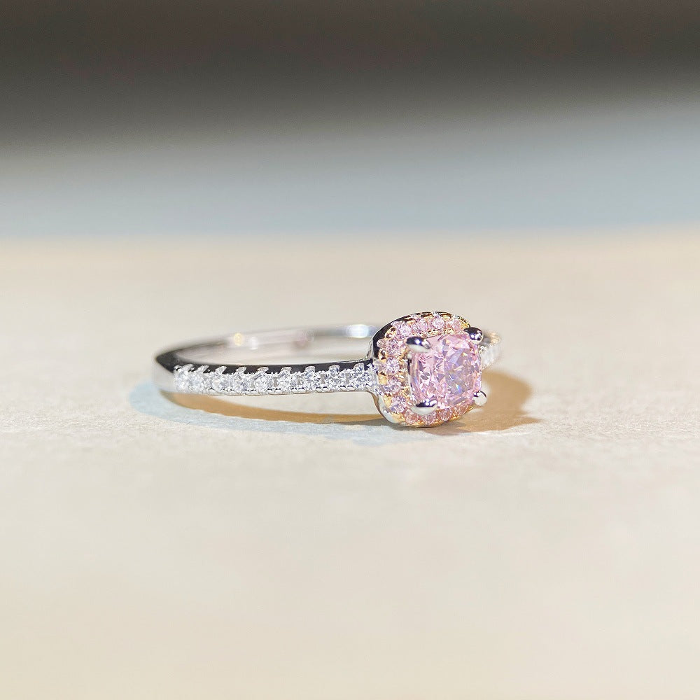 Bague en argent sterling S925 en diamant rose, série mignonne, bague en diamant léger de luxe haut de gamme à quatre griffes