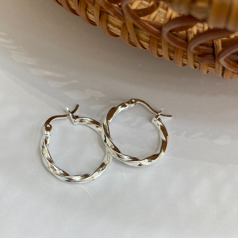 [DF] Boucles d'oreilles cercle en spirale pour femmes - Style coréen géométrique vintage tendance - Argent sterling S925 - Nouveaux poignets d'oreille à la mode minimaliste