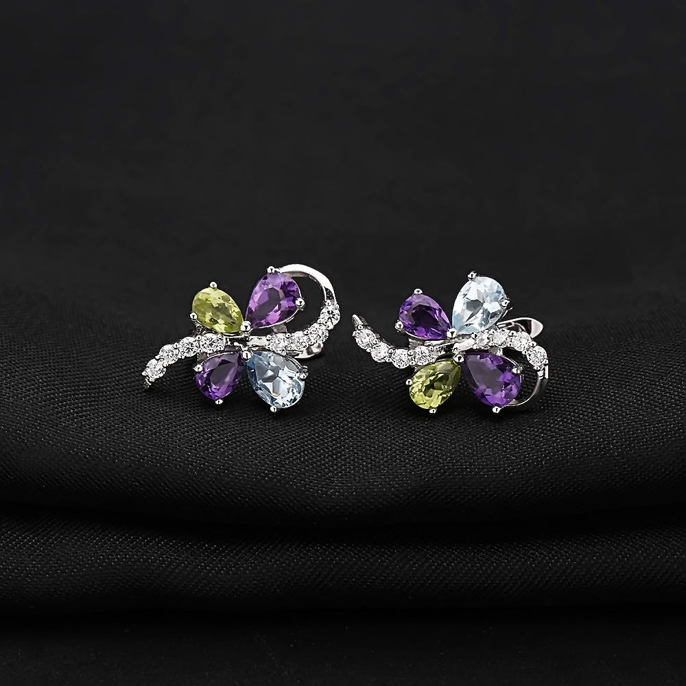 Natural gemstone earrings, high-end butterfly shaped gemstone 925 silver earrings and earrings