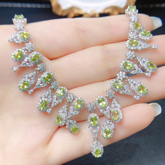 [DF] Collier en olivine naturelle - Monture en argent S925, pierre précieuse de 3x4 mm, vente chaude en Europe et en Amérique 