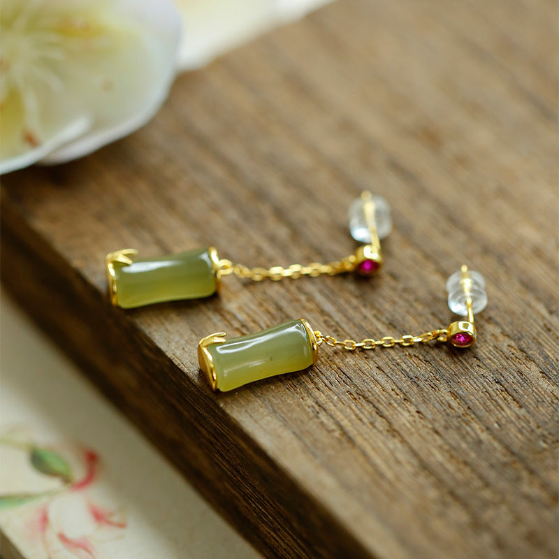 S925 silver inlaid green jade bamboo drop earrings