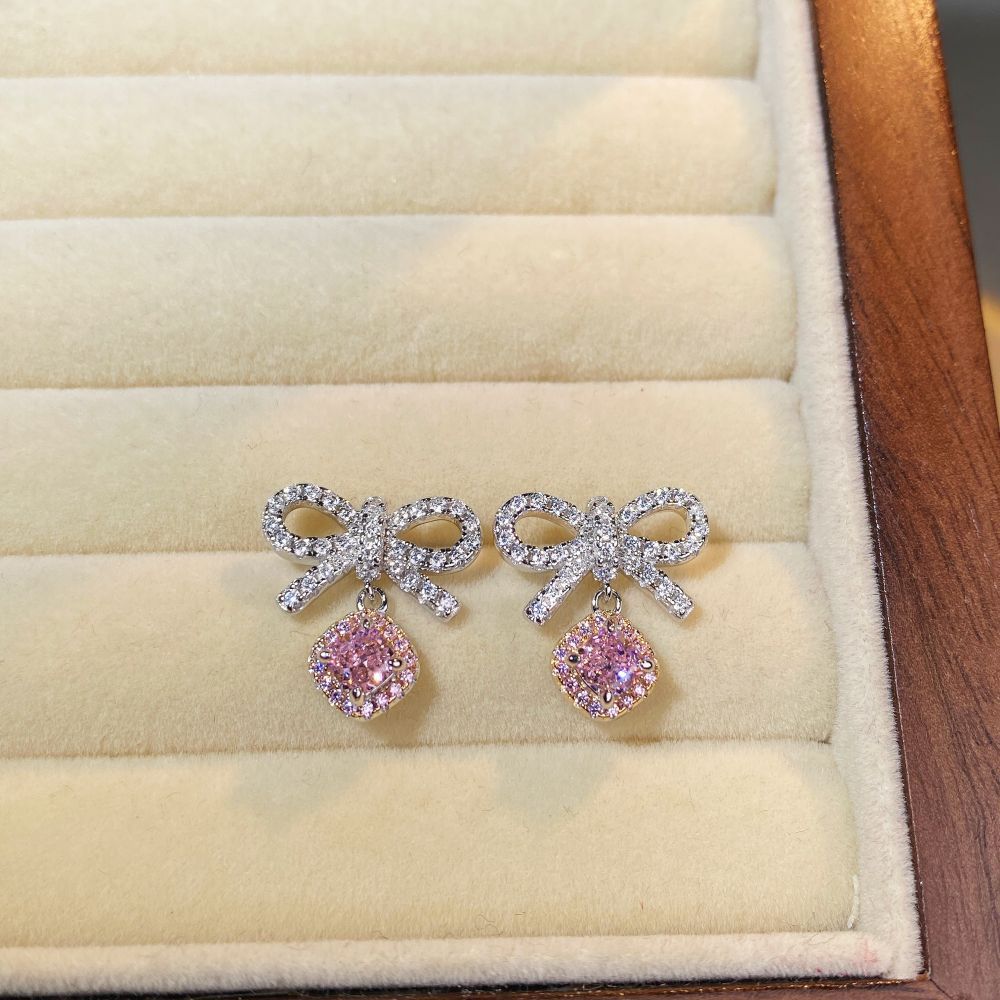 925 sterling silver bow earrings pink diamond sweet style earrings.