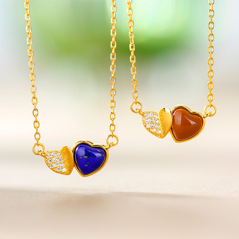 925 Silver Plated Gold Inlaid Southern Red Agate Blue Gold Stone Love Necklace