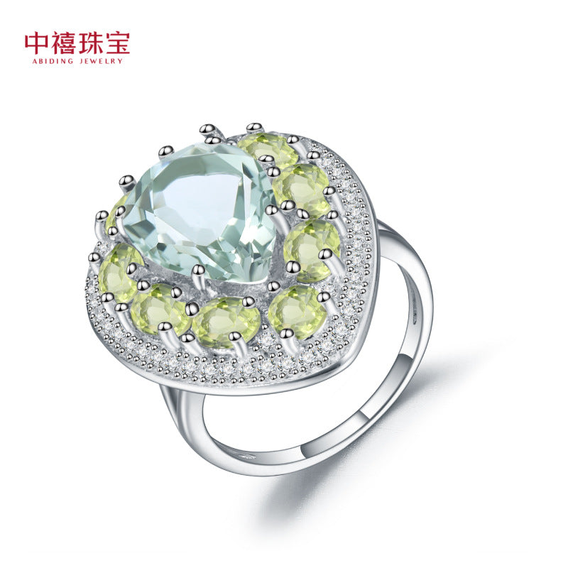 S925 Silver Natural Olivine Green Amethyst Ring Set with Natural Treasure Ring