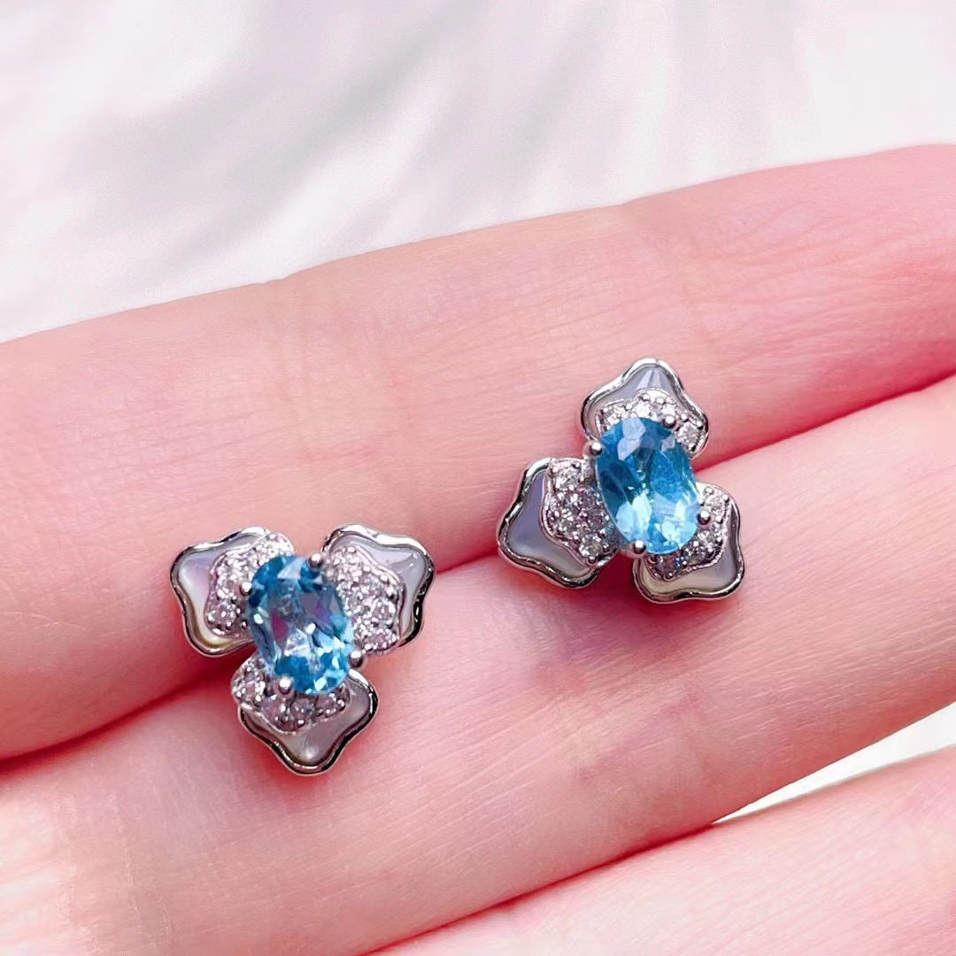 Topaz white Fritillaria earrings S925 silver inlaid Topaz Joker fashion female earrings