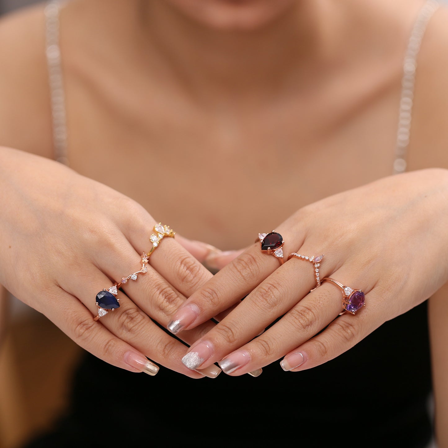 Bague en argent sterling S925 avec améthyste naturelle Bague luxueuse et luxueuse en or rose avec pierres précieuses de 8 x 12 mm