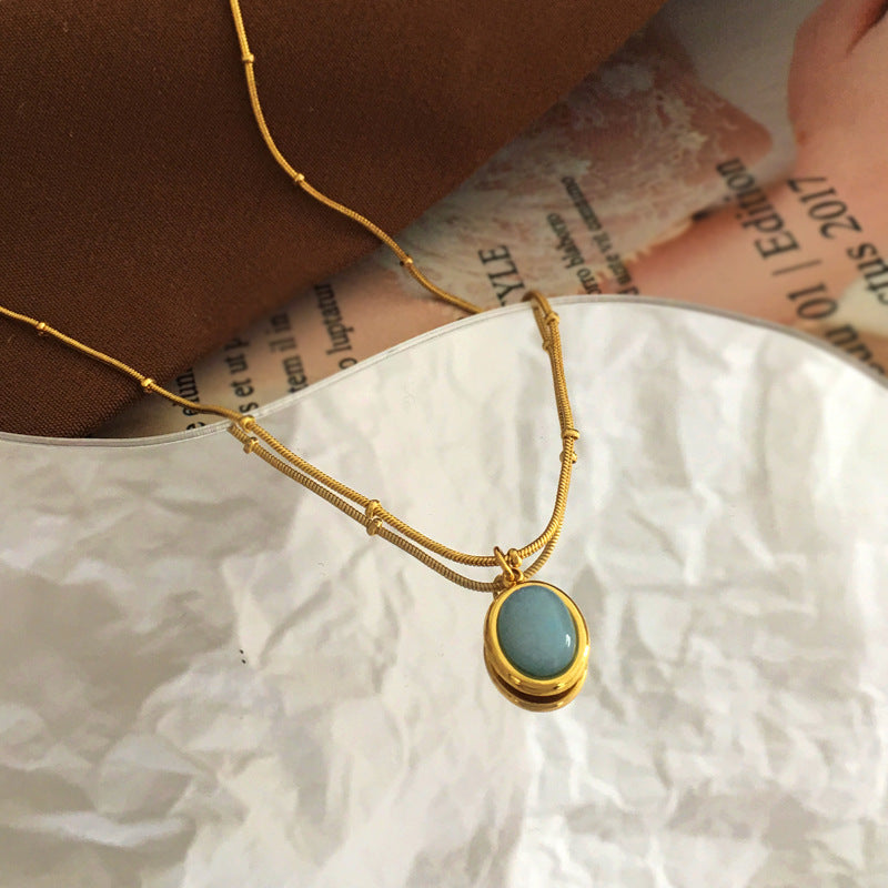 [DF]Genuine gold plated Japanese and Korean simple oval pendant necklace small fresh blue necklace net celebrity ins wind collarbone chain