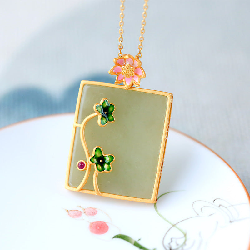 S925 silver gold-plated inlaid Hetian jade blue simple square necklace pendant