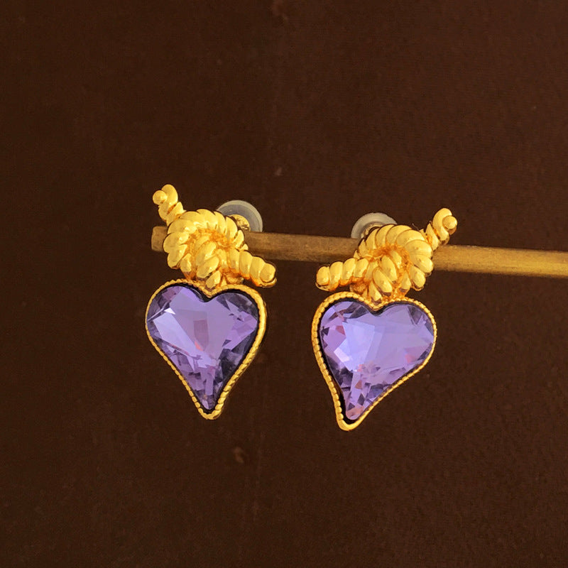 [DF] boucles d'oreilles en cuivre plaqué or S925 argent aiguille fée violet zircon amour conception de noeud personnalisé nouvelles boucles d'oreilles