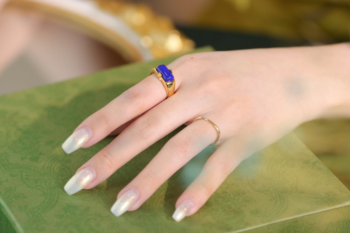 S925 Silver Plated Gold Inlaid Lapis lazuli Exquisite Open Ring