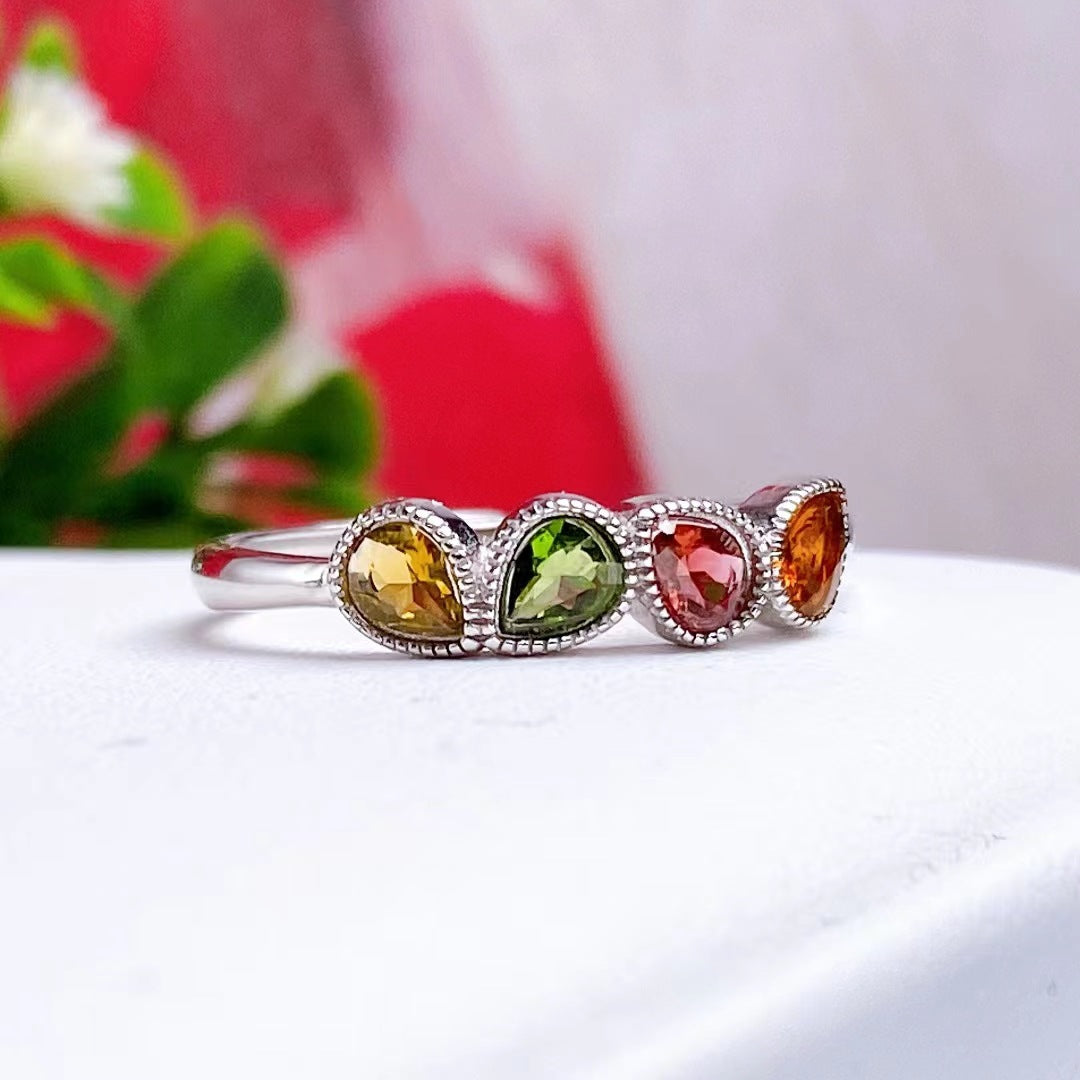 New natural tourmaline color ring inlaid with 925 silver female ring