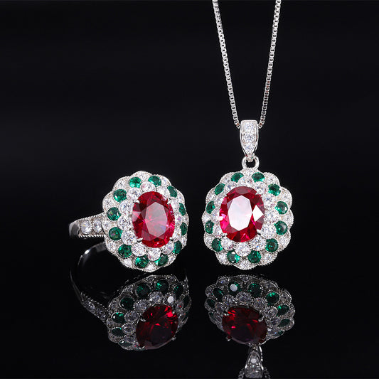 S925 Full body Silver Retro Colored Simulation Red Treasure Jewelry Set Main Stone 8 * 10