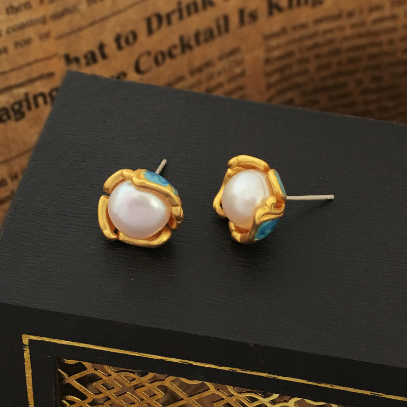 [DF]Copper plated real gold S925 silver needle literary vintage blue background drip oil stud earrings premium sense cultured pearl earrings women