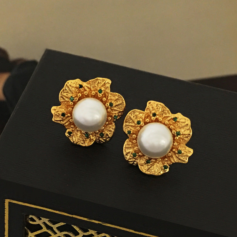 [DF]Copper Plated True Gold S925 Silver Needle Korean Vintage Flower Earrings Light Luxury Pearl Earrings Ins Wind Earrings Female