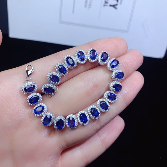 Natural Blue Sapphire Bracelet - S925 Silver Setting, 4x6mm Gemstone, Trending in Europe and America