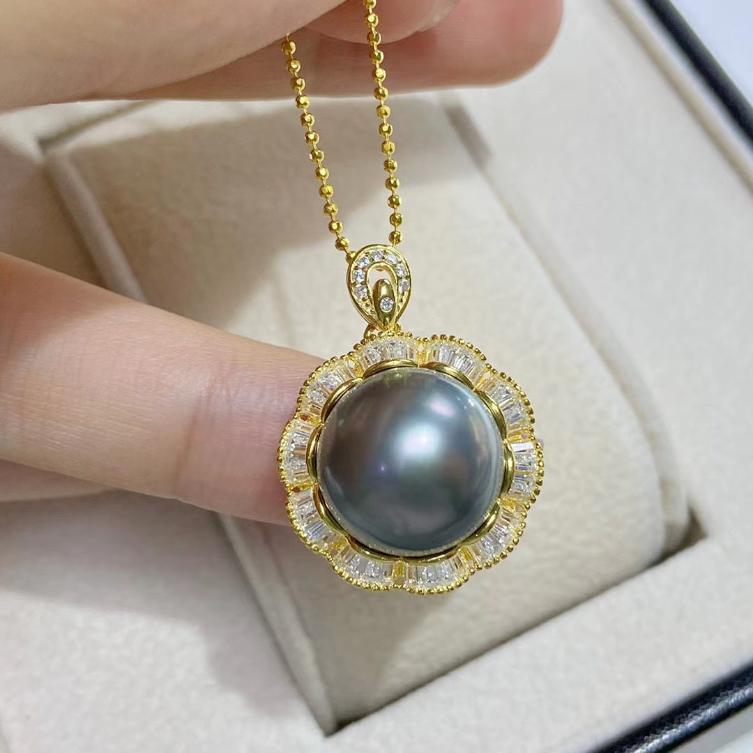 S925 Silver Pearl Pendant Tahiti Sea Black Pearl 13-14mm good quality pearl pendant