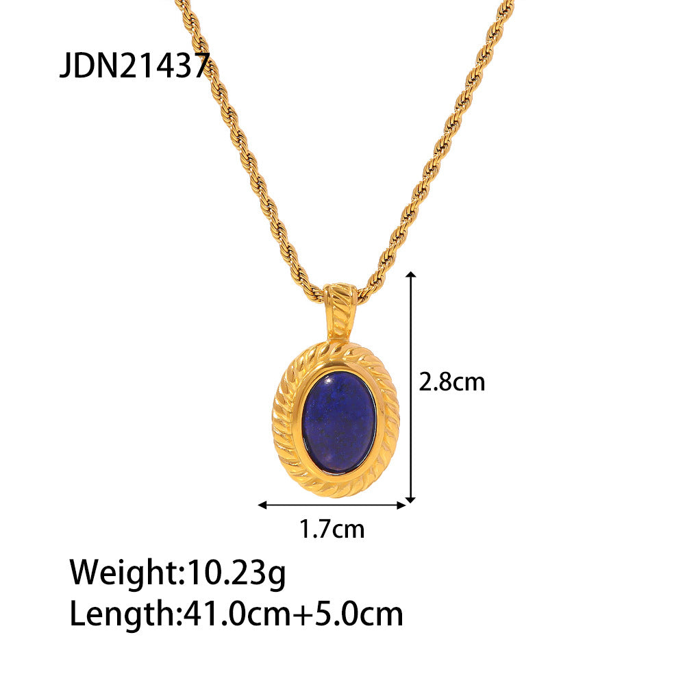 Retro antique fashion personality necklace 18K stainless steel thread inlaid lapis lazuli oval pendant necklace