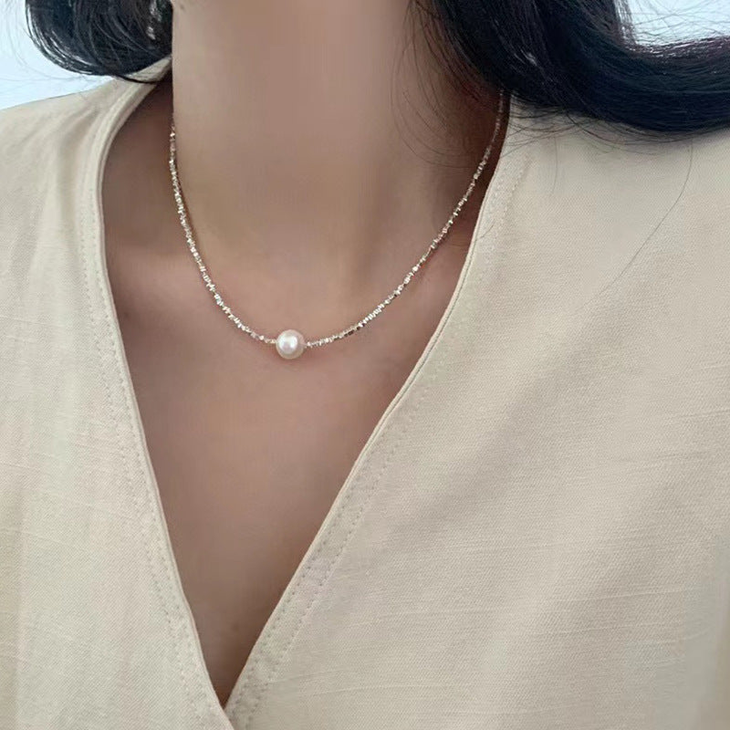 [DF]"Silver Shards & Pearl" S925 Sterling Silver Natural Pearl Necklace - Exquisite and Niche Collarbone Chain, Versatile Summer Accessory for Women.