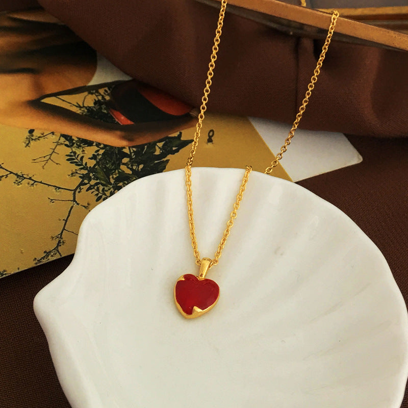 [DF] Collier d'amour rouge coréen plaqué or véritable jour, collier de tempérament girly simple, nouvelle chaîne de clavicule printemps et été