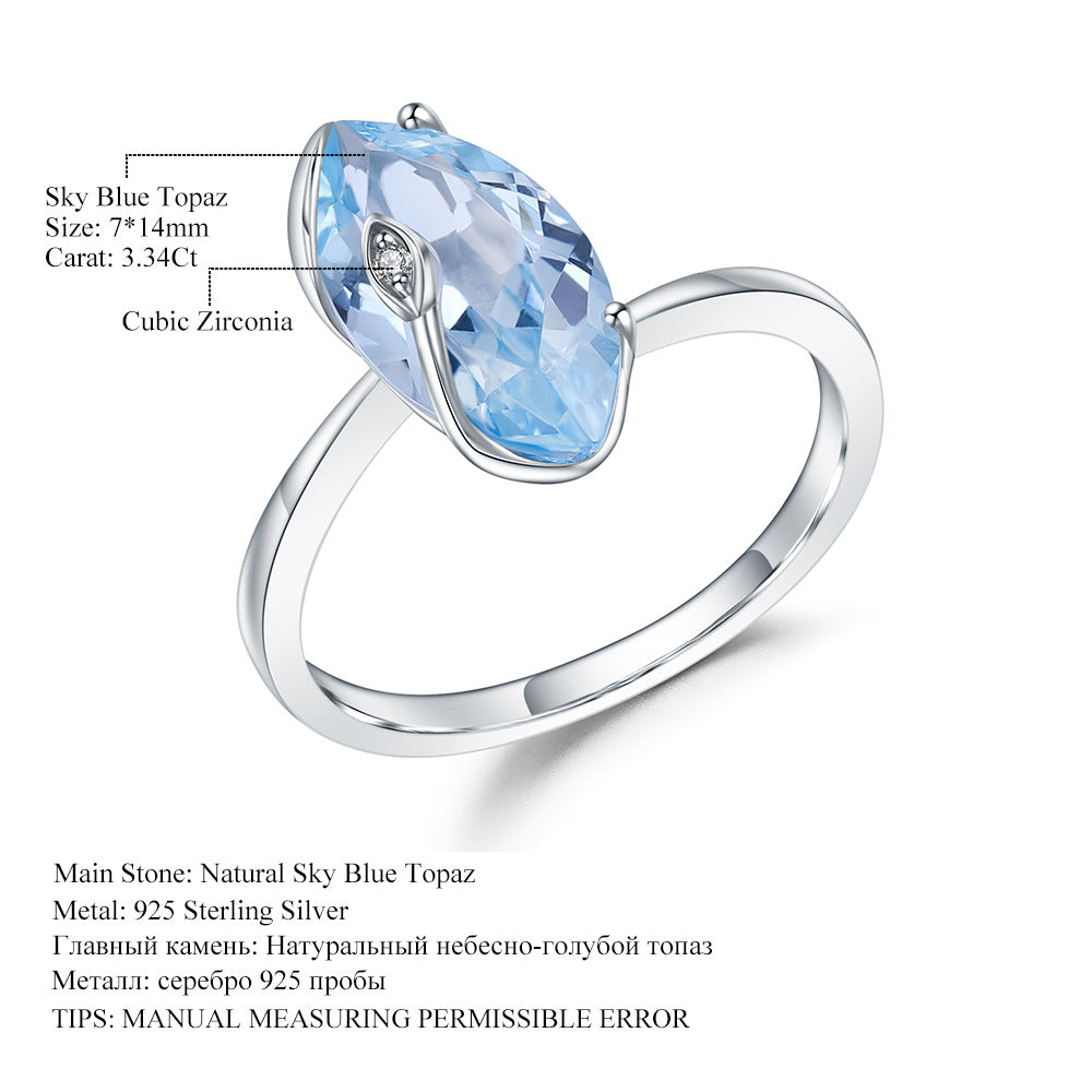 Light luxury personality natural topaz ring Fashion design sense S925 sterling silver inlaid natural gemstone ring