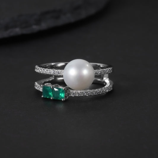 S925 sterling silver natural freshwater pearl ring female opening adjustable fashion luxury inlay gem ring.