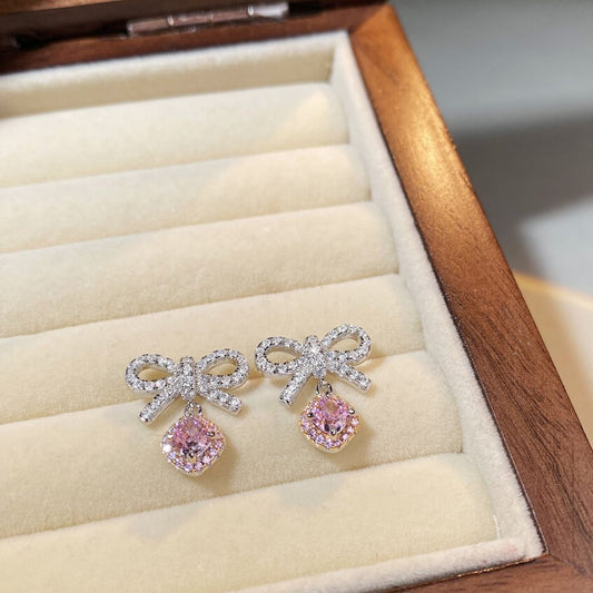 925 sterling silver bow earrings pink diamond sweet style earrings.