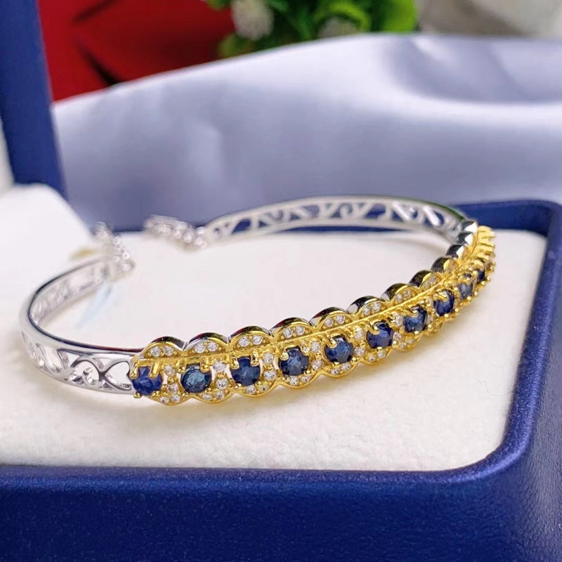 Pulsera de zafiro natural engastada con pulsera de plata S925 para mujer