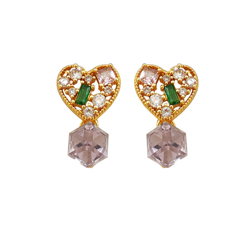 [DF]Copper plated genuine gold S925 silver needle, Korean temperament, sweet zircon heart earrings, inset style hollowed out earrings, female