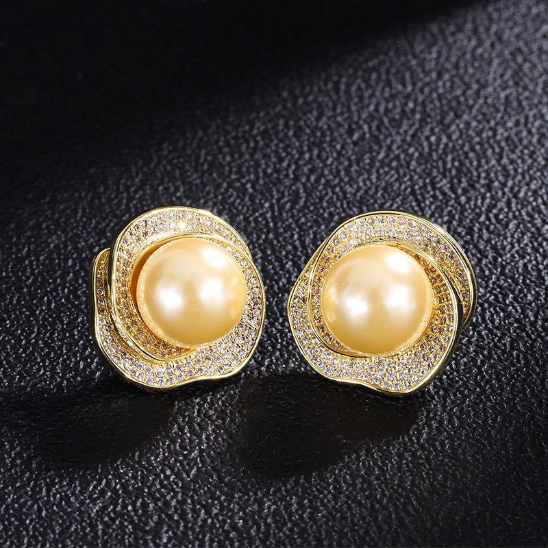 18k Golden Shell Pearl Rose Geometric Diamond Ring Pendant Earrings Women's Set