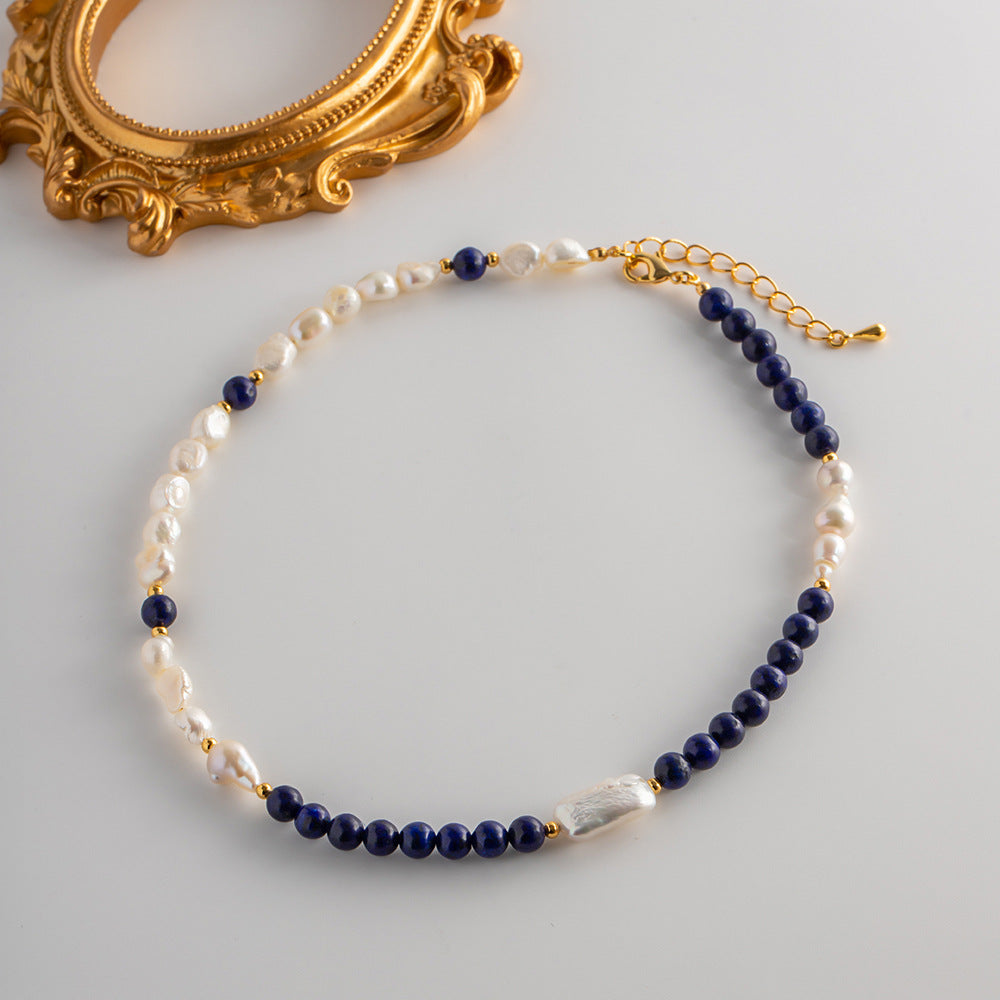 Vintage in Cuban Rock freshwater pearl lapis lazuli hand-beaded necklace Luxury sense autumn and winter necklace women