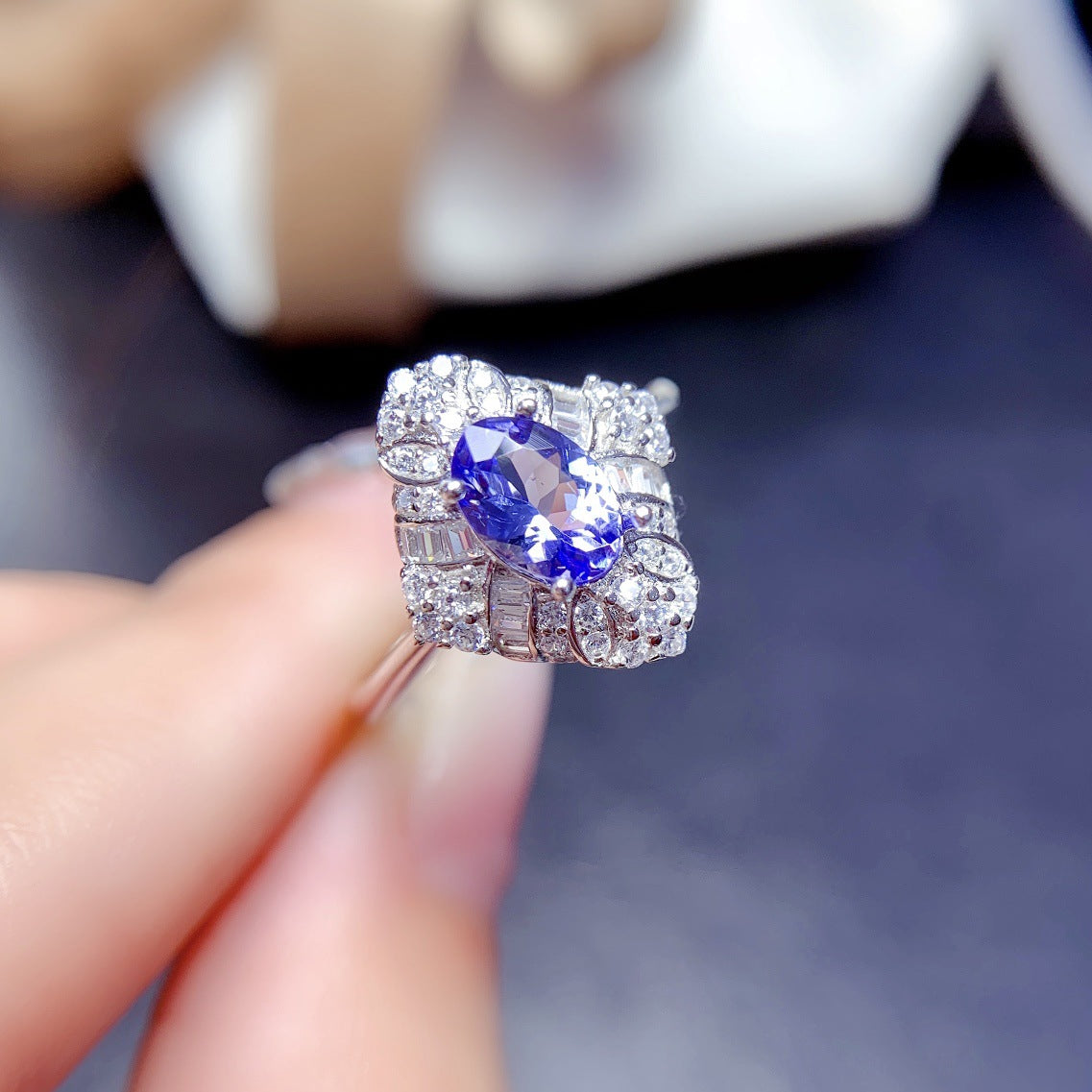 Explosive natural tanzanite ring S925 silver set center stone 5*7 hot sale in Europe and the United States