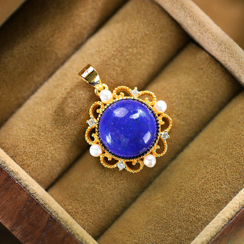 925 silver-plated inlaid lapis lazuli egg noodles with pearl hollowed-out sunflower necklace