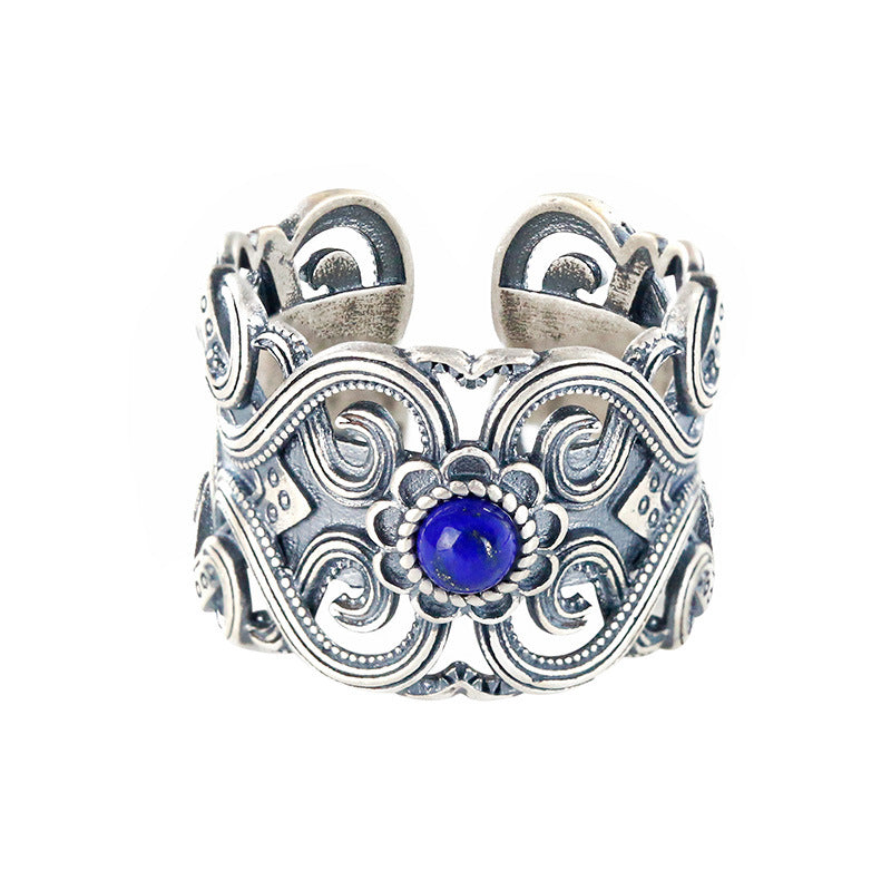 Bague lapis-lazuli en argent S925, style rétro et Vintage