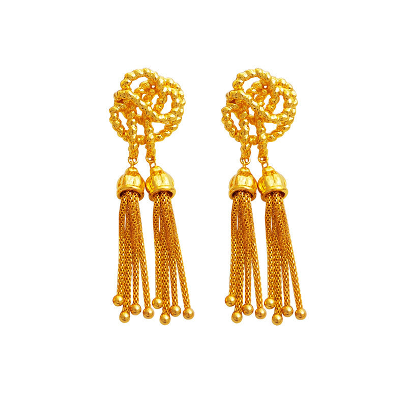 [DF]Copper plated genuine gold S925 silver needle creative knot design earrings with vintage thread tassel earrings and long earrings