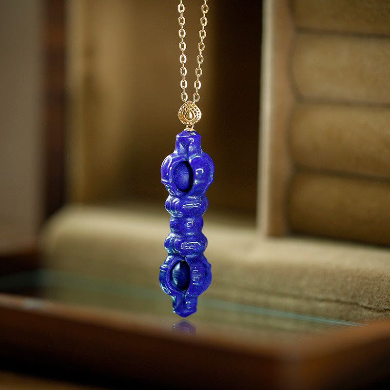 18K gold inlaid with natural lapis lazuli gold three-dimensional carved neutral pendant