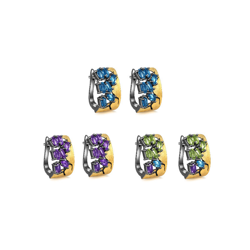 Designer Natural Colored Stone Accessories Three-Piece Set 925 Silver Inlaid European and American Style Luxury Jewelry Set