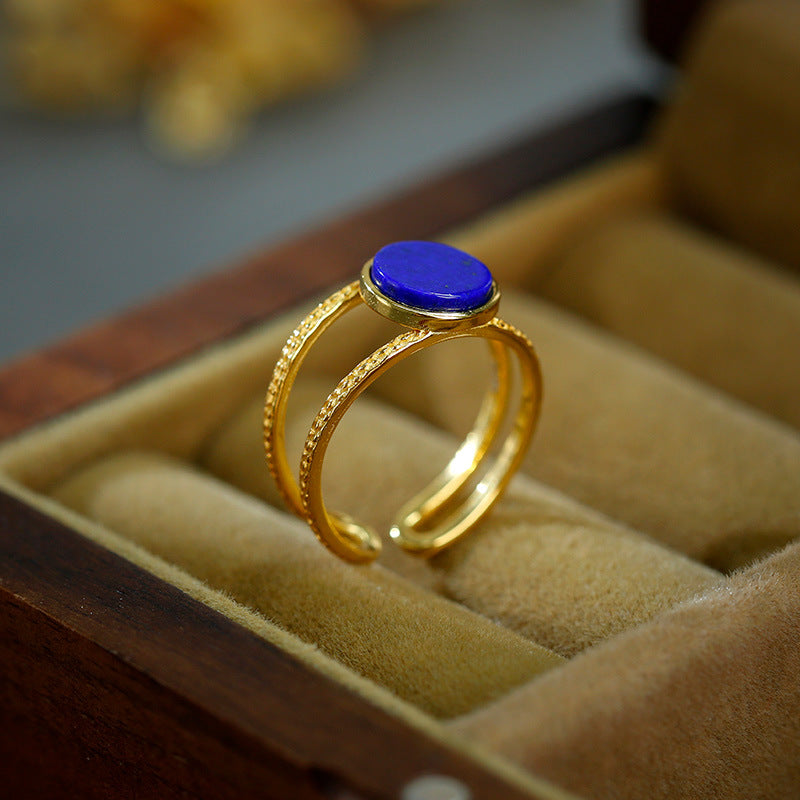 Bague lapis lazuli en argent plaqué or S925, ajourée à la mode